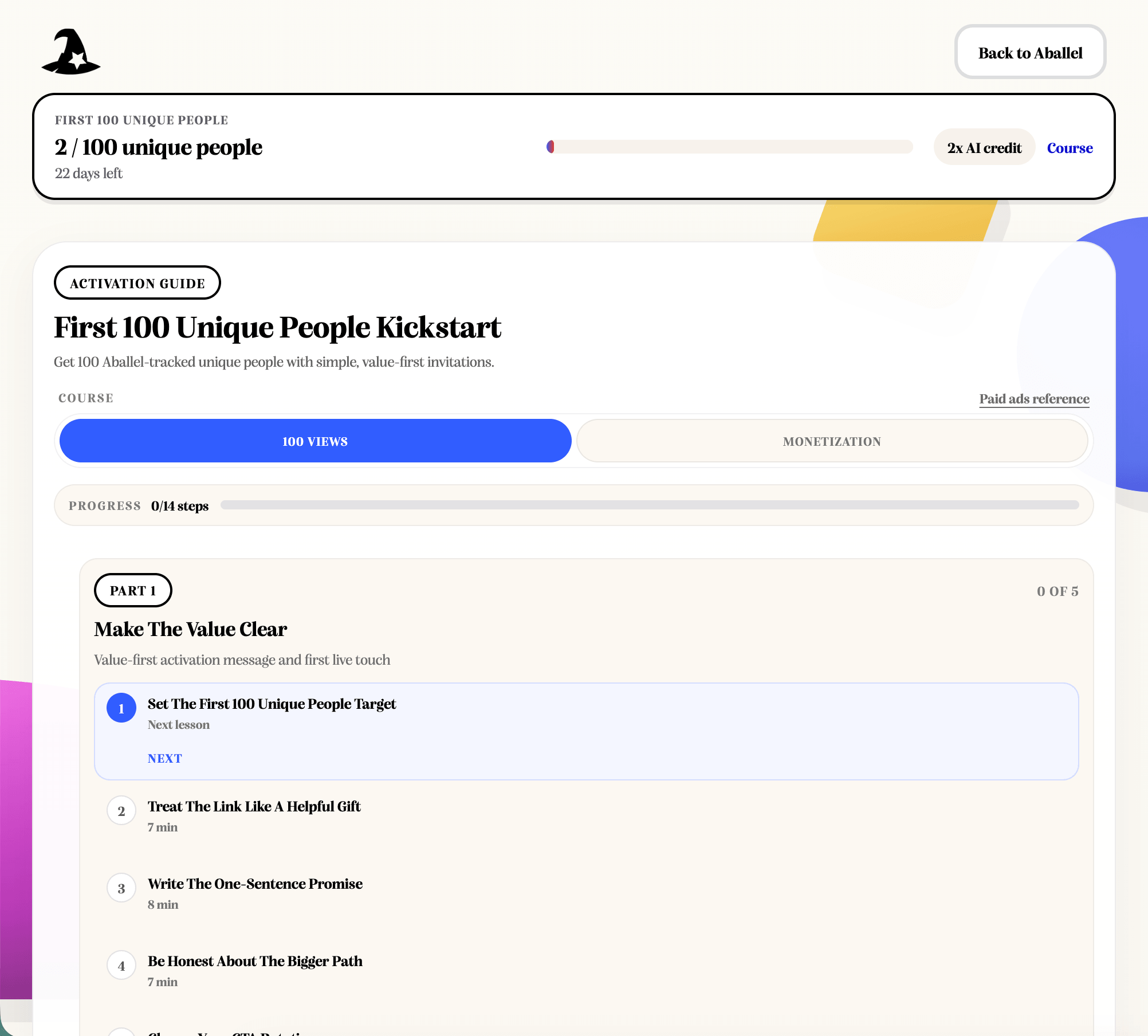 First 100 page views dashboard preview showing launch progress, link placement, traffic, and optimization review