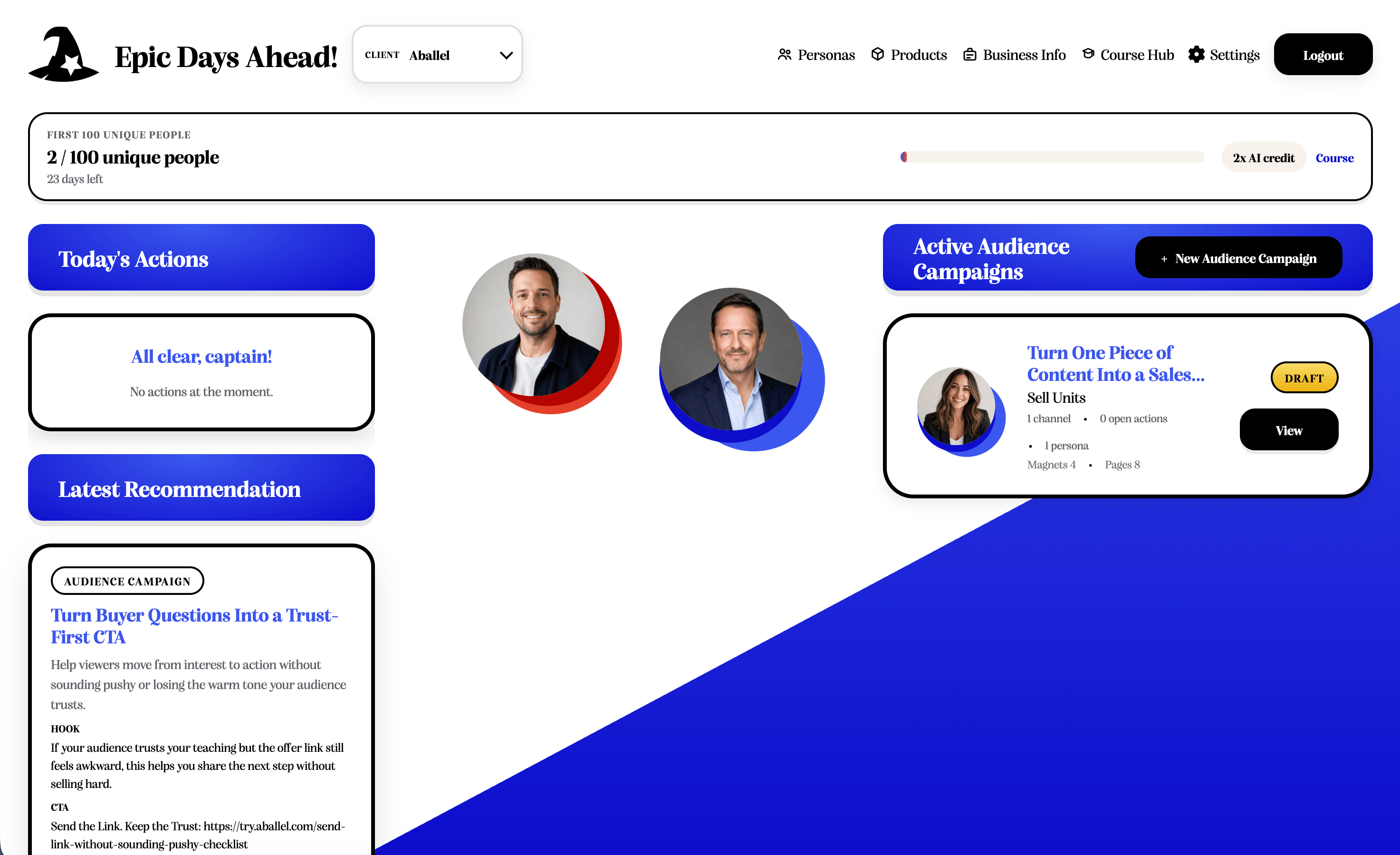Aballel workspace preview showing lead magnets, landing pages, follow-up funnels, audience groups, product paths, tracked links, and optimization in one system